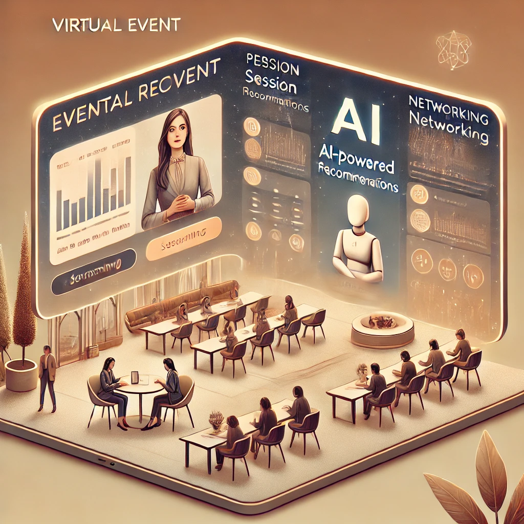 An illustrated virtual event with an AI-powered assistant suggesting sessions and networking opportunities, displayed on a sleek, futuristic event dashboard.