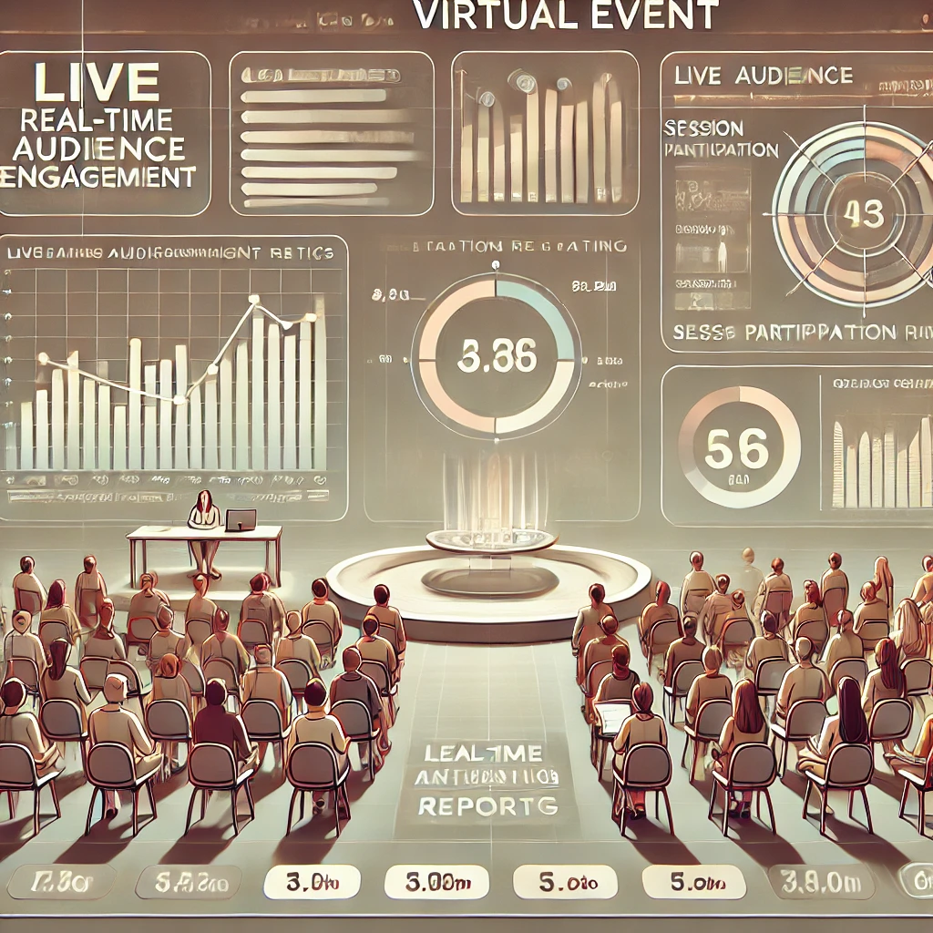 An illustrated virtual event where event organizers analyze real-time audience engagement data on a digital dashboard, making data-driven decisions.
