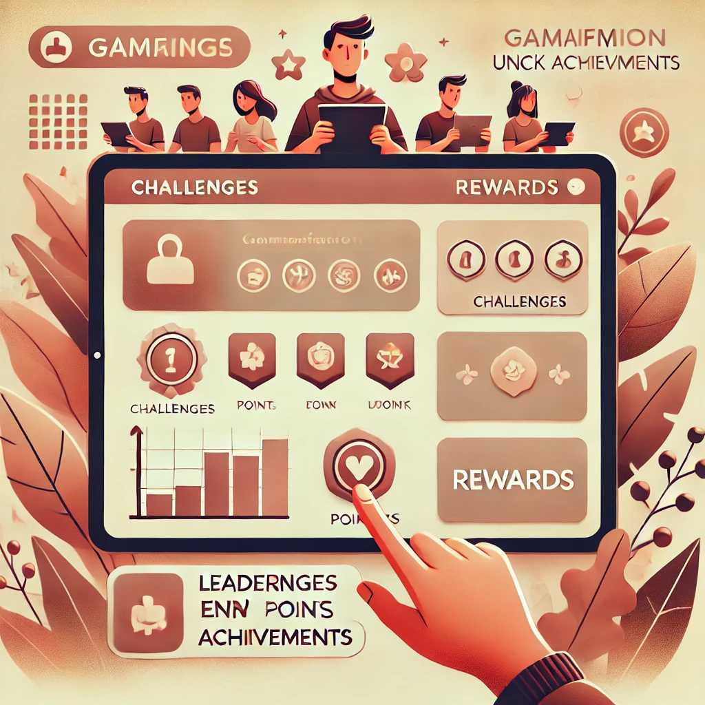 An illustrated virtual event where attendees earn points, unlock achievements, and track progress on a leaderboard, fostering engagement and friendly competition.