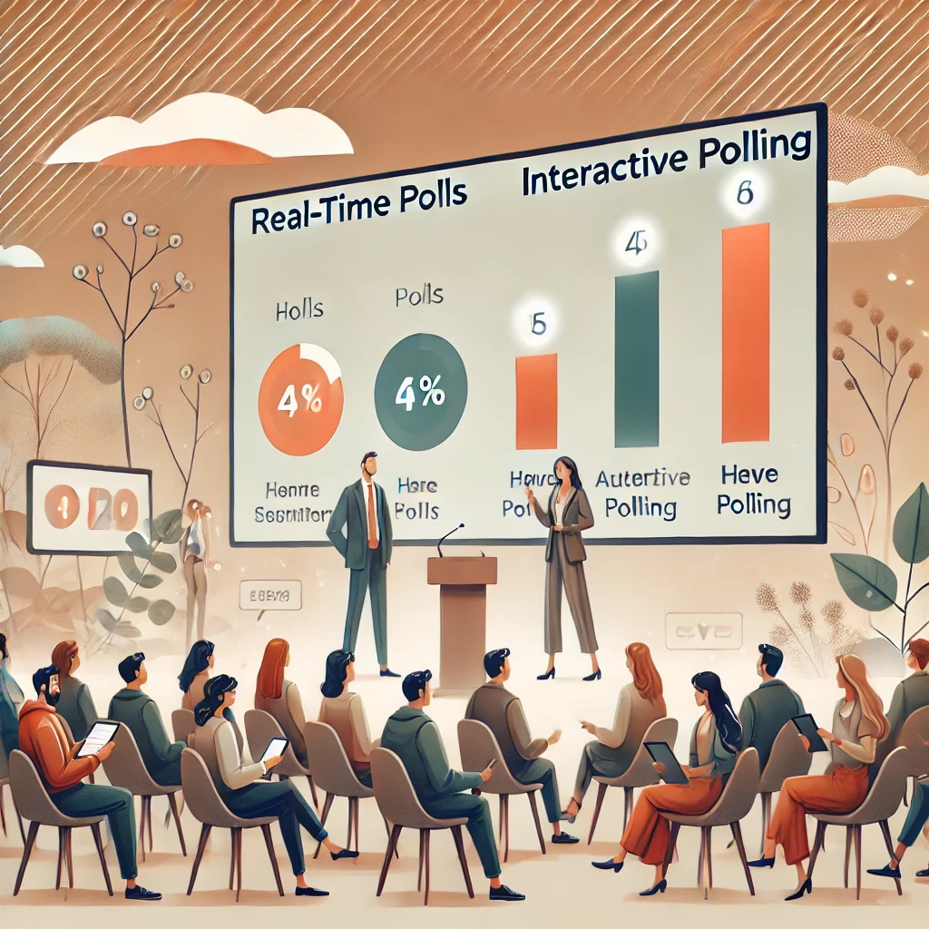 An illustrated virtual event where attendees participate in live polls, displayed on a sleek digital interface while a speaker discusses results on a large screen.