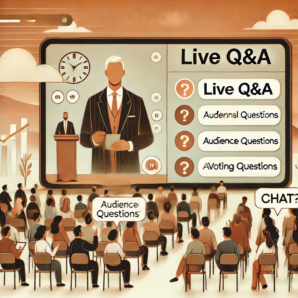 An illustrated virtual event where a speaker presents on a digital stage while a large screen displays audience questions in real-time. Attendees interact via chat and voting features.