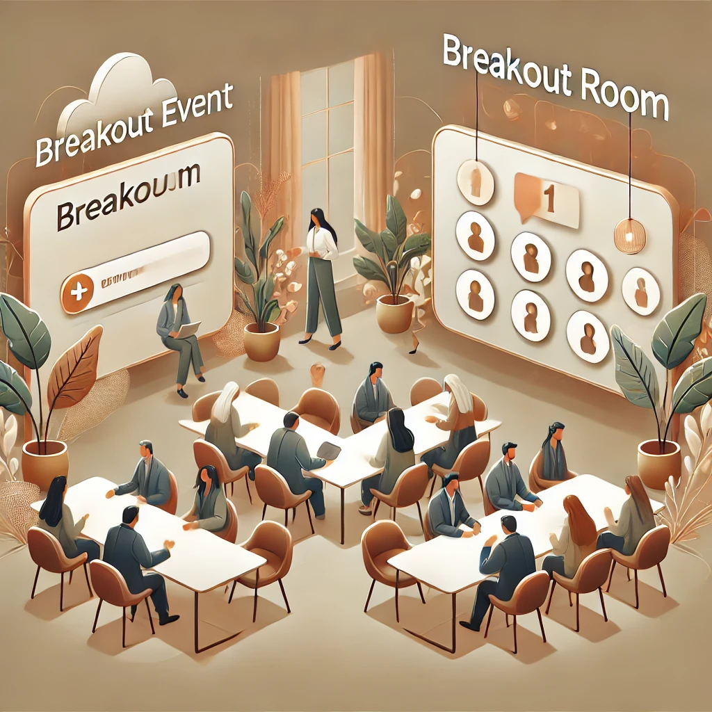 An illustrated virtual event featuring breakout rooms where attendees gather in smaller groups to engage in focused conversations and collaboration.