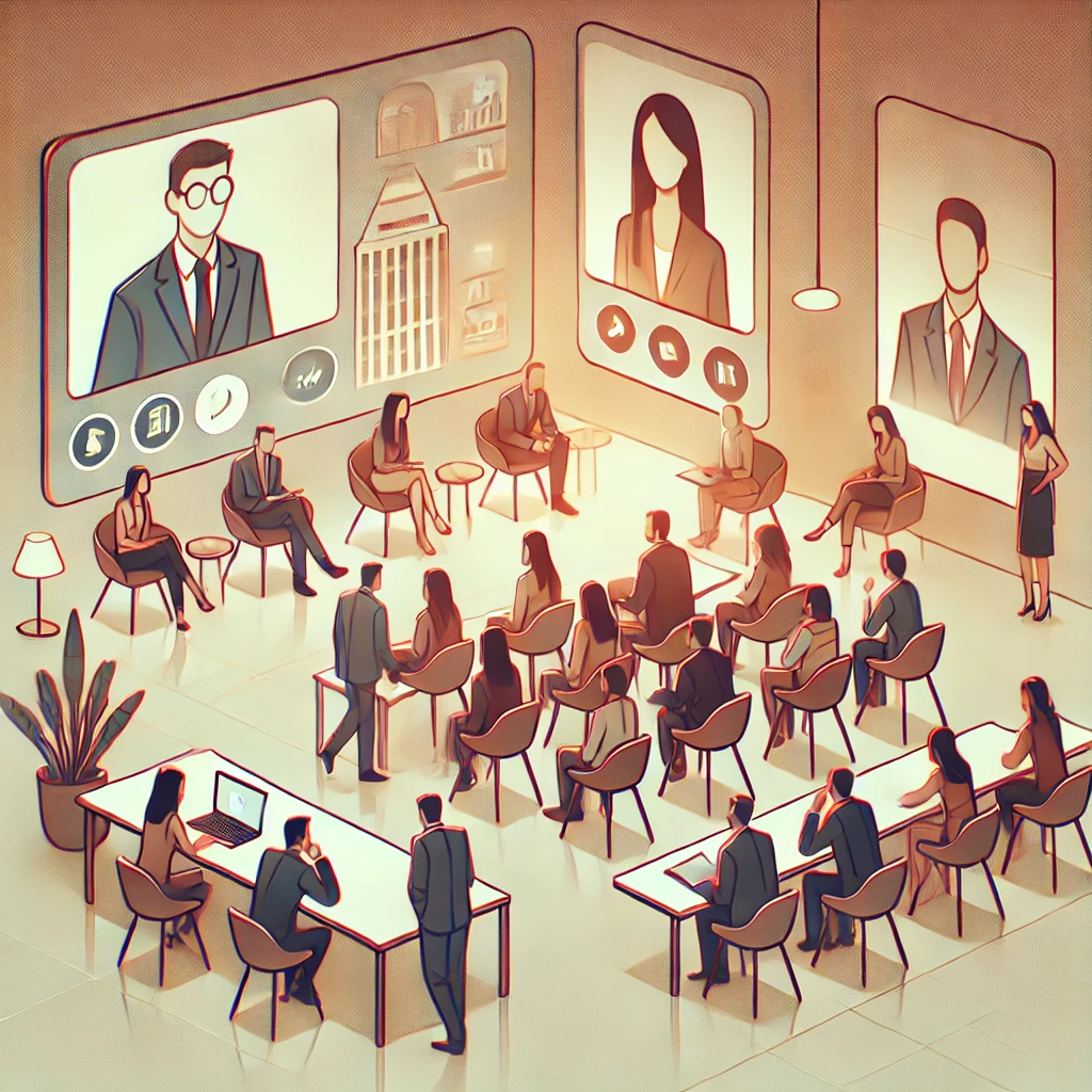 An illustrated virtual networking event where digital avatars engage in discussions via video chat and breakout rooms, emphasizing professional connections.